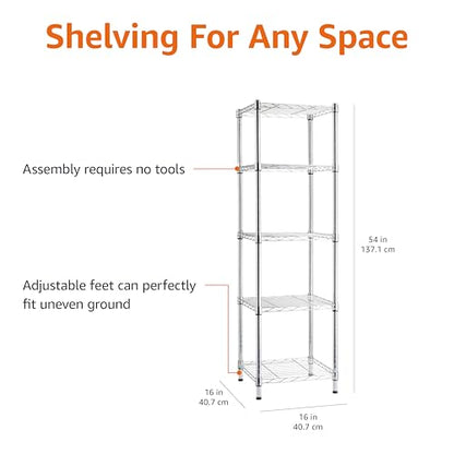 Amazon Basics 5-Shelf Tower Adjustable Storage Shelving Unit, Chrome, 16" x 16" x 54", 150 lbs Per Shelf | Tower - color: Chrome, size: 16"L x 16" W x 54"H, style: 5 -Shelf