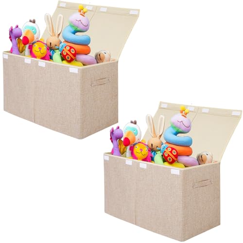 2 Pack Large Toy Box Storage with Lid, Collapsible Sturdy Toy Chest Storage | Toy Chest with Rivets Handles for Kids, Boys, Girls, Nursery, Playroom, Living Room, Bedroom, 25"x 13" x 16" (Linen Gray) - color: 2 Pack Large Beige