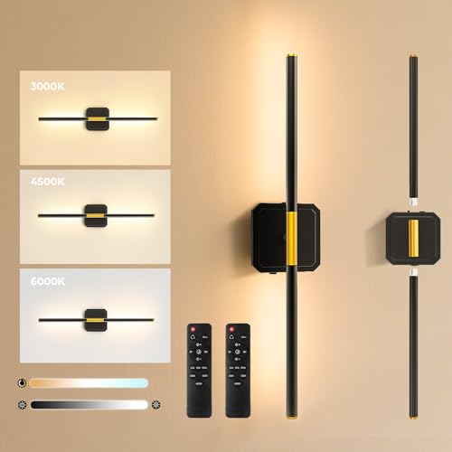 Battery Operated Wall Sconces 360°Rotate Detachable Dimmable Set of 2 | Rechargeable Wall Light 3000-6500K with Remote Control 10000mAh for Bedroom Living Room 28.3" Black Gold - color: Black-Square Base, size: 2 Pack