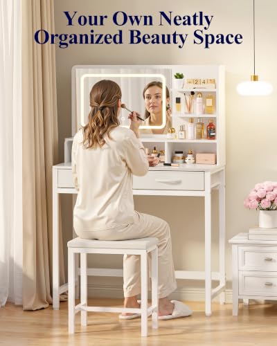 Kitsure 31.5" W Small Vanity Desk with Mirror and Lights, 2 Fabric Drawers | Bedroom, Gifting, Makeup Vanity, 6 Open Shelves, 3 Lighting Modes, Stable Frame, White