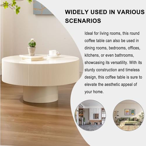 Round Fluted Drum Coffee Table with Pedestal Base | 30.9'' Modern White Wooden Drum Center Table, Handcrafted Wood Fluted Edge, For Living Room & Apartment - color: White Thick
