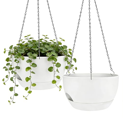 Set of 2-8 Inch Self Watering Hanging Planters for Indoor Outdoor，Hanging Plant Pots with Drainage & Removable Tray, Hanging Pots Holder for Ivy, Pothos, Ferns, Balcony & Patio, White - color: White, size: 2 pack 8 inch