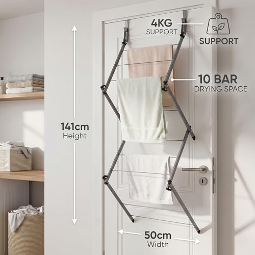 Over Door Clothes Drying Rack, 10 Bar Foldable Hanging Drying Rack, Space Saving Laundry Organizer, Heavy Duty Clothes Airer Indoor & Outdoor Garment Storage Solution (Grey)