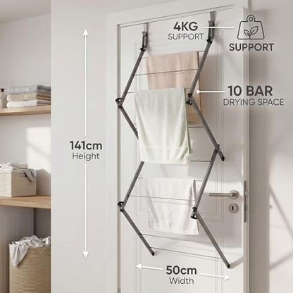 Over Door Clothes Drying Rack, 10 Bar Foldable Hanging Drying Rack, Space Saving Laundry Organizer, Heavy Duty Clothes Airer Indoor & Outdoor Garment Storage Solution (Grey)