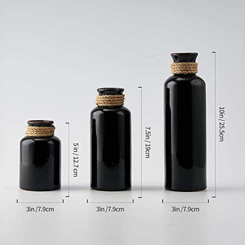Ceramic Rustic Farmhouse Vase Set of 3,Terracotta Vases for Decor | Antique Black Vase for Your Bedroom,Office,Living Room,Fireplace Decor,Housewarming （10+7.5+5 Inch） - color: Black