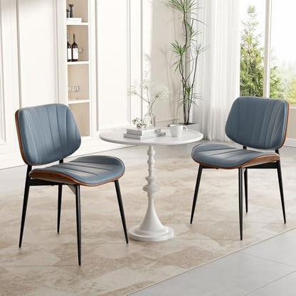 Dining Chair, Mid Century Modern Dining Room Chairs, Upholstered Faux Leather Kitchen Chairs with Walnut Bentwood Back and Metal Legs for Kitchen Dining Room Living Room, Blue - color: Blue, size: Set of 1
