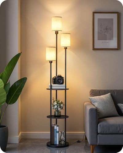 Floor Lamp with Shelves, Modern Floor Lamp with 3 Linen Shades and Foot Switch, 3-Light Standing Lamp, for Living Room, Bedroom, Study, Office, Black and Beige E53LD05 - color: Black + Beige
