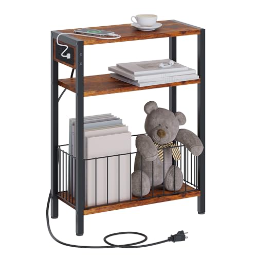 TRIFEBLE Narrow Side Table with Charging Station, Small End Table for Small Spaces, Slim Nightstand with Storage Basket, 3 Tier Skinny Bedside Table for Living Room, Bedroom, Rustic Brown - color: Rustic Brown