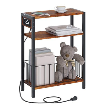 TRIFEBLE Narrow Side Table with Charging Station, Small End Table for Small Spaces, Slim Nightstand with Storage Basket, 3 Tier Skinny Bedside Table for Living Room, Bedroom, Rustic Brown - color: Rustic Brown