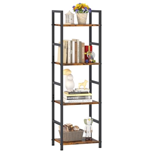 4 Tier Bookshelf, Narrow Storage Organizer for Small Space, Brown | Heavy-duty steel frame, 4 open shelves, Anti-slip feet, Easy assembly, Industrial Storage for Living room, Bedroom - size: 4 Tier