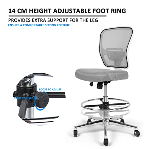 Drafting Chair, Tall Office Chair for Standing Desk, Drafting Stool with Lumbar Support, Adjustable Height and Foot Ring, Grey - color: Grey