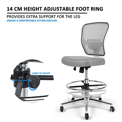 Drafting Chair, Tall Office Chair for Standing Desk, Drafting Stool with Lumbar Support, Adjustable Height and Foot Ring, Grey - color: Grey