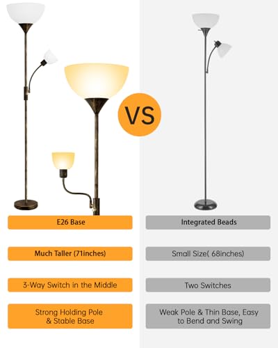 Floor Lamps for Living Room, Standing Lamp, 71" Torchiere Floor Lamp with Reading Lamp, 3 Way Switch, Corner Floor Lamps for Living Room/Bedroom, Rustic Bronze Floor Lamp(E26 Base, No Bulb) - color: Bronze Floor Lamp(No Bulb)