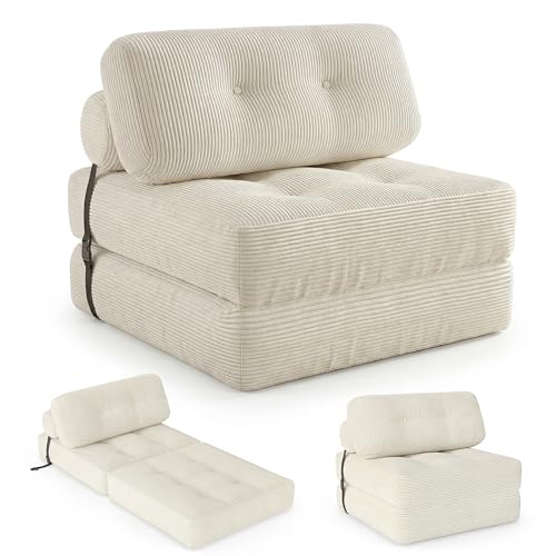 COSTWAY Folding Sofa Bed with Pillow, Convertible Couch (Beige) | with Backrest & Fixing Straps, Boneless Convertible Sleeper Chair for Adults, Guest Use, Living Room - color: Beige