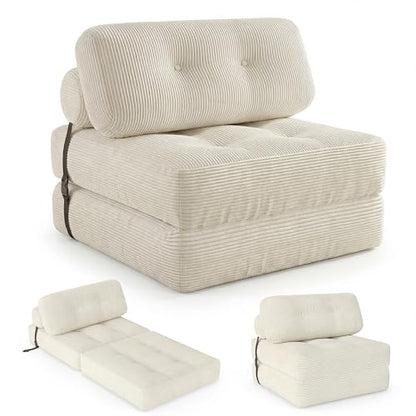 COSTWAY Folding Sofa Bed with Pillow, Convertible Couch (Beige) | with Backrest & Fixing Straps, Boneless Convertible Sleeper Chair for Adults, Guest Use, Living Room - color: Beige