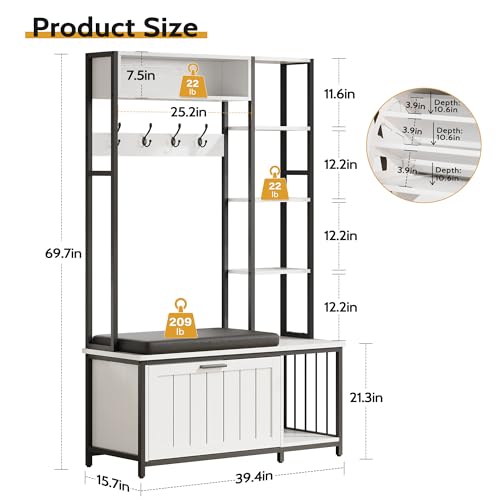 Hall Tree Coat Rack, Hall Tree With Bench and Shoe Storage Shoe With, Mud Room Storage Furniture，39.37 X 15.74 X 69.69 Inches, Rustic White - color: White