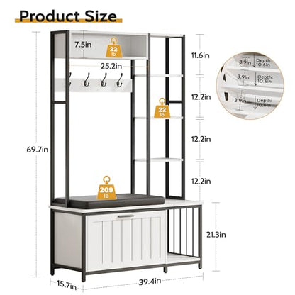 Hall Tree Coat Rack, Hall Tree With Bench and Shoe Storage Shoe With, Mud Room Storage Furniture，39.37 X 15.74 X 69.69 Inches, Rustic White - color: White