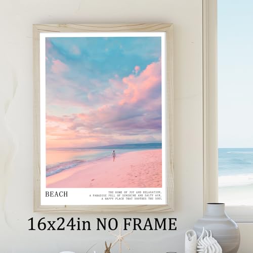 Pink and Blue Coastal Wall Art Cute Preppy Summer Pictures Aesthetic Summer Posters Trendy Beach Pictures Blue Ocean Painting Coastal Cowgirl Artwork Beach Wave Picture for Home Room 16x24in Frameless - color: C3Unframed