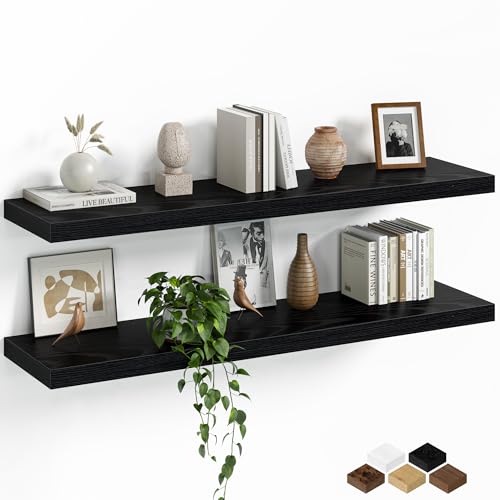 Fun Memories Floating Shelves for Wall, 40 Inch Long Set of 2 Rustic Wood Wall Shelves with Invisible Brackets, Heavy Duty Storage Display for Living Room Bedroom Kitchen, Black - color: Black, size: 40"W x 8"D, Set of 2