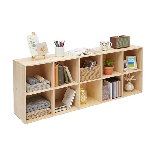 10 Cube Solid Wood Bookcase, Open Bookshelf with Back Panel, Floor Standing Storage Organizer, Vertical or Horizontal for Living Room Office - size: 10-Cube