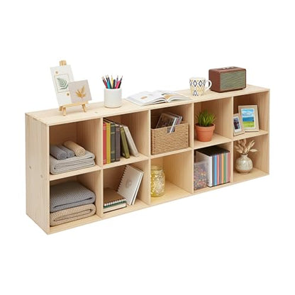 10 Cube Solid Wood Bookcase, Open Bookshelf with Back Panel, Floor Standing Storage Organizer, Vertical or Horizontal for Living Room Office - size: 10-Cube