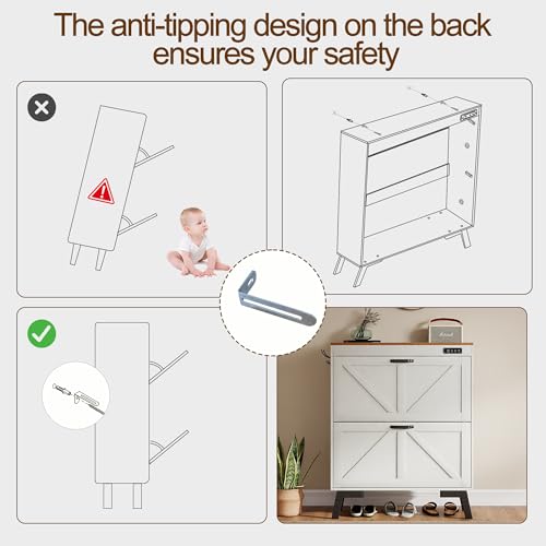 Shoe Storage Cabinet with Deodorizer, Narrow Entryway Storage, Anti-Tip | Deodorizer with 4 Modes , 2 Flip Drawers , Adjustable Shelves , Narrow White Design , Anti-Tip Kit , 9.4"D x 31.4"W - size: 38.9"H x 31.4"W x 9.4"D