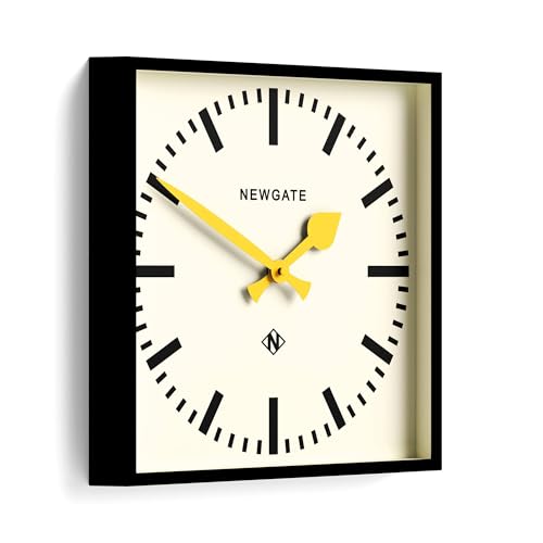 NEWGATE® Number Five wall Clock | Square Retro Inspired Modern Station Clock | 16" | Black with Yellow Hands | Mid-Century Style for Kitchen, Living Room or Office - color: Yellow