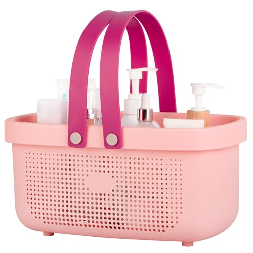 Portable Shower Caddy Basket with Handles Plastic Storage Basket Light Pink | Sturdy Drainage Large Capacity Organizer Basket with Silicone Handles for Bathroom Kitchen Bedroom College Dorm Essentials - color: Light Pink, size: Large