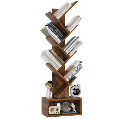 YMYNY 6 Tier Tree Bookshelf, Tall Bookcase, Wood Book Storage Rack with Drawer, Modern Floor Standing Book Shelf for Books/Movies/CDs, Utility Organizer for Living Room, Office, Rustic Brown UHBC016H - color: Rustic Brown, size: 44.09" | 6-Tier with Drawe