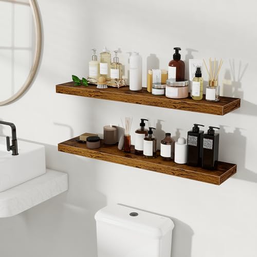 Fun Memories Floating Shelves for Wall, 36 Inch Long Set of 2 Rustic Wood Wall Shelves with Invisible Brackets, Heavy Duty Storage Display for Living Room Bedroom Kitchen, Brown - color: Rustic Brown, size: 6.5"D x 36"L - 2Pack
