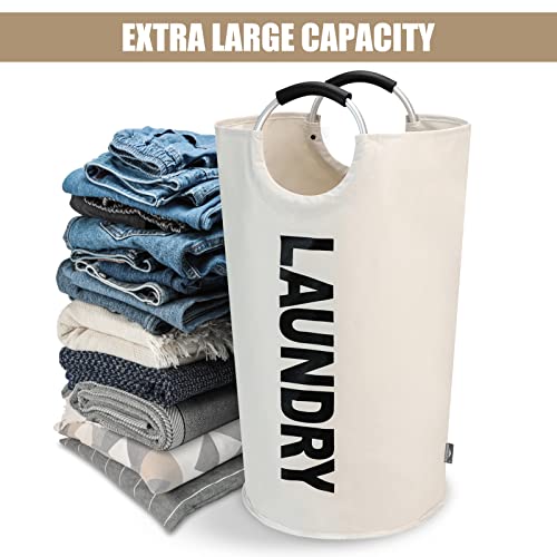 DOKEHOM 90L Large Laundry Basket Bag, Collapsible Tall Hamper, Beige | Freestanding tall washing bin & foldable laundry bag. High-capacity clothes storage basket with durable sturdy handles - color: Beige, size: 90L