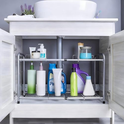 FlagShip 2 Tier Under Sink Organizers and Storage Rack Expandable Cabinet Shelf for Kitchen Bathroom Silver (17-25 inches)