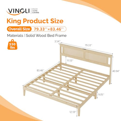 VINGLI Rattan King Bed Frame with Rattan Headboard,Boho Platform Bed with Charging Station and Underbed Storage for Bedroom,Solid Wooden Slats Surpport, Noise Free,Natural - size: King