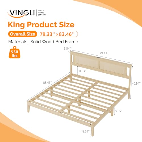 VINGLI Rattan King Bed Frame with Rattan Headboard,Boho Platform Bed with Charging Station and Underbed Storage for Bedroom,Solid Wooden Slats Surpport, Noise Free,Natural - size: King