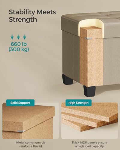 SONGMICS Storage Ottoman Bench, Foldable Foot Rest with Legs | End of Bed Bench, Storage Chest, 43.3 x 15 x 15.8 Inches, Load up to 661.4 lb, Tan, MELISA Collection ULSF018K01 - color: Camel Brown, style: without Flipping Lid