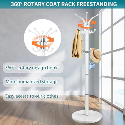 OIRUMIE Coat Rack,360°Rotary Coat Rack Stand,Coat Tree Stand for Entryway | Metal Coat Rack Freestanding with Natural Marble Base & 14 Hooks,White Modern Coat Stand, Clothes Hall Tree Stand for Hallway - color: White-14 Hooks