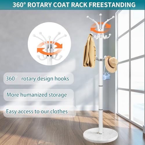 OIRUMIE Coat Rack,360°Rotary Coat Rack Stand,Coat Tree Stand for Entryway | Metal Coat Rack Freestanding with Natural Marble Base & 14 Hooks,White Modern Coat Stand, Clothes Hall Tree Stand for Hallway - color: White-14 Hooks
