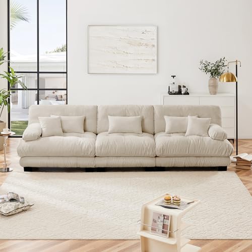 Modular Sectional Sofa for Living Room,134" Comfy Cloud Couch,3 Seater Beige Large Sectional Couches with Round Bolster Armrests,Fluffy Couch Set with Deep Seat - color: Chenille Beige, size: 3-Seat