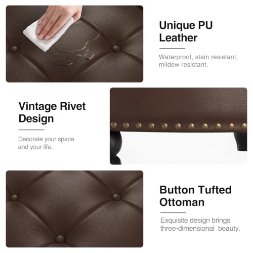 FiveWillowise 30 Inch Large Round Ottoman with Storage Circular,Chocolate | Leather Coffee Table with Lift Top,Modern Upholstered Button Tufted Footrest Stool Solid Wood Legs for Living Room,Bedroom - color: Chocolate