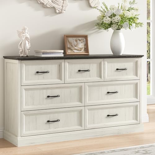 Farmhouse 7 Drawer Dresser for Bedroom, 55" White Dresser with TV Stand | Wide Dresser with Large Drawers & Bar Handles, Rustic Wood Chest of Drawers for Living Room, Hallway, Entryway. - color: White, size: 16"D x 55"W x 31"H (7 Drawers)