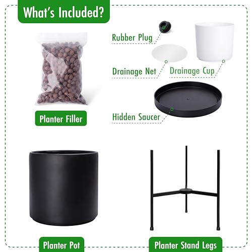 D'vine Dev Cylinder Planter Pot with Metal Stand, Black, 8 in, 96-T-B-1 | Durable Fiberclay Construction, Sleek Modern Design, Heavy-Duty Iron Stand, Drainage Hole & Saucer, Elegant Indoor Display - color: Black, size: Small 8 Inch