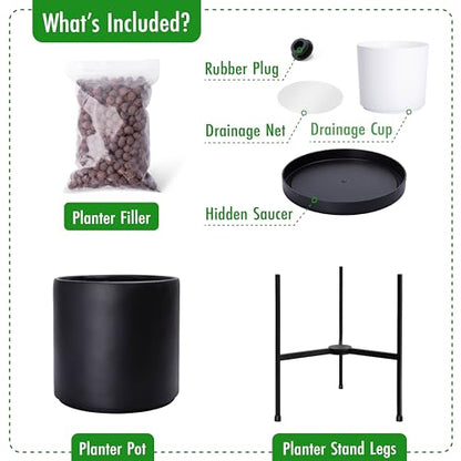 D'vine Dev Cylinder Planter Pot with Metal Stand, Black, 8 in, 96-T-B-1 | Durable Fiberclay Construction, Sleek Modern Design, Heavy-Duty Iron Stand, Drainage Hole & Saucer, Elegant Indoor Display - color: Black, size: Small 8 Inch