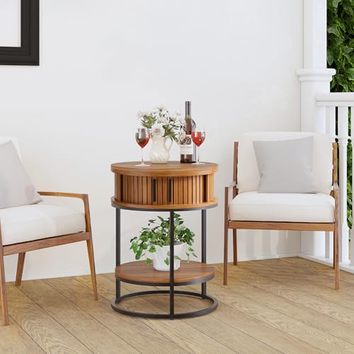 Turtle&Myrtle Small Round Side Table with Storage, 2-Tier Wooden End Table with Sliding Door and Shelf, Mid-Century Circle Nightstand for Living Room, Bedroom, Walnut - style: Mid-Century Modern