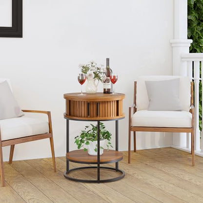 Turtle&Myrtle Small Round Side Table with Storage, 2-Tier Wooden End Table with Sliding Door and Shelf, Mid-Century Circle Nightstand for Living Room, Bedroom, Walnut - style: Mid-Century Modern