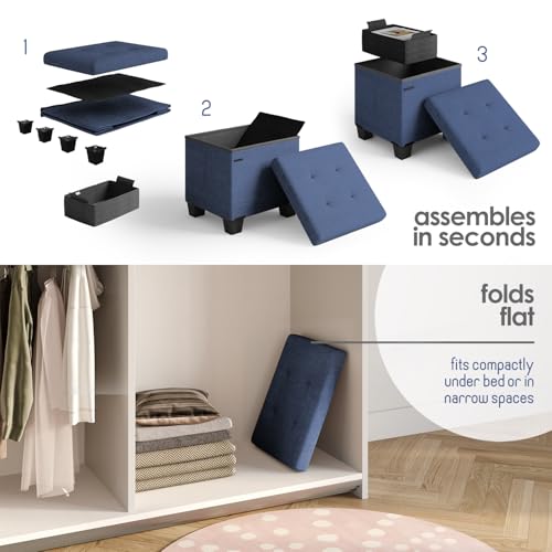 Storage Ottoman Cube with Small Bin, 15-in Square Ottoman with Storage for Living Room and Bedroom, Small Ottomans Foot Rest, Fabric Foot Stools Ottomans Max 330lbs, Blue - color: 05 - Blue