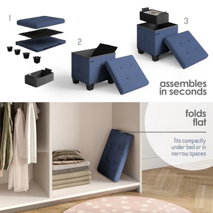 Storage Ottoman Cube with Small Bin, 15-in Square Ottoman with Storage for Living Room and Bedroom, Small Ottomans Foot Rest, Fabric Foot Stools Ottomans Max 330lbs, Blue - color: 05 - Blue