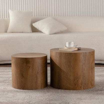 Round Nesting Coffee Table Set of 2 Living Room, No Assembly | Modern Wooden Center Tables, Tea Table for Apartment, Small Circle Accent End Table Set, Brown Wood - color: A-brown Wood