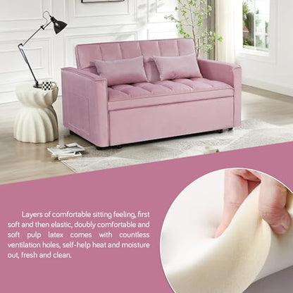 3 In 1 Velvet Convertible Sofa Bed, Pull Out Couch Bed with Reclining Backrest And 2 Pillows, 54" Full Size Loveseat Sleeper Sofa Futon Couch Beds, Couches For Small Spaces, Living Room (Pink) - color: Pink