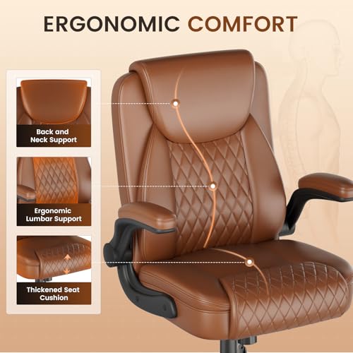 GTPLAYER PU Leather Office Chair, Home Desk Chair with Flip-up Arms, Brown | Ergonomic Back, Comfy Executive Chair for Home Office Gaming, Flexible Rocking, Heavy Duty Chairs - color: Brown