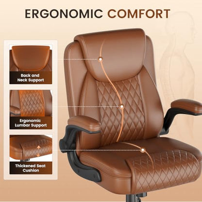 GTPLAYER PU Leather Office Chair, Home Desk Chair with Flip-up Arms, Brown | Ergonomic Back, Comfy Executive Chair for Home Office Gaming, Flexible Rocking, Heavy Duty Chairs - color: Brown